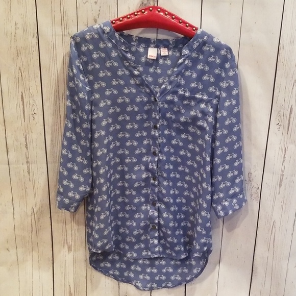 BONGO Brand L Blue/White "Bicycle" Chiffon Blouse! - Picture 1 of 8